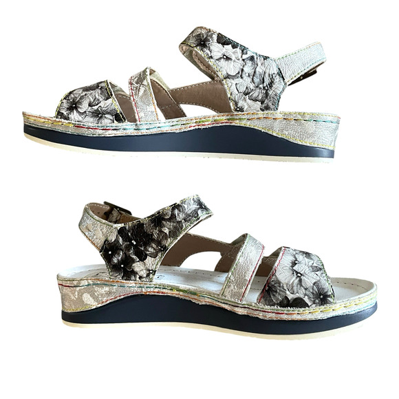 L'ARTISTE Sumacah Size 36/5.5-6 Silver White Hand Painted Leather Comfort Sandal - Picture 4 of 11